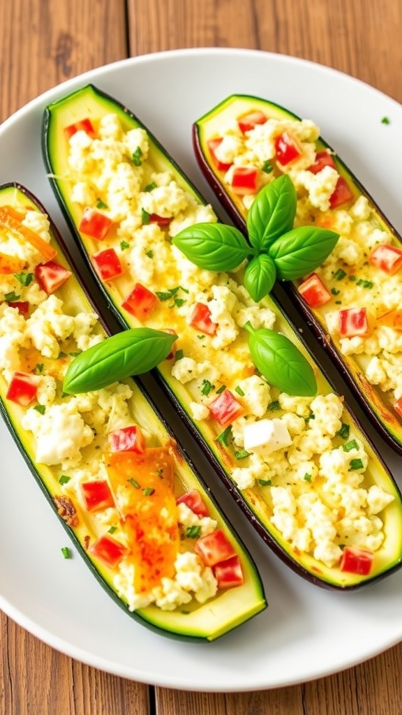 Three-cheese zucchini boats filled with ricotta, mozzarella, and parmesan, garnished with basil on a rustic plate.